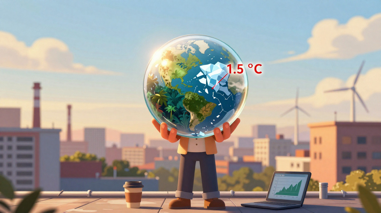 Pessoa segura globo terrestre mostrando derretimento do gelo e aumento da temperatura em 1.5 °C, num cenário urbano.