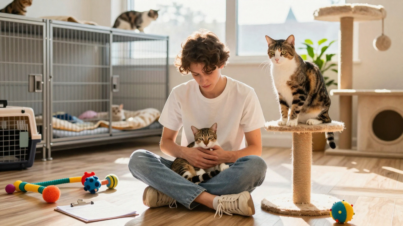 Jovem sentado no chão com um gato ao colo, rodeado por vários gatos e brinquedos num ambiente iluminado.