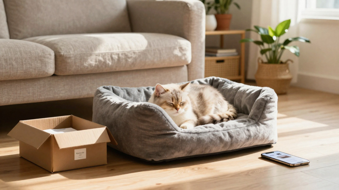 Gato a dormir numa cama cinzenta ao lado de uma caixa de cartão e um telemóvel junto a um sofá bege.