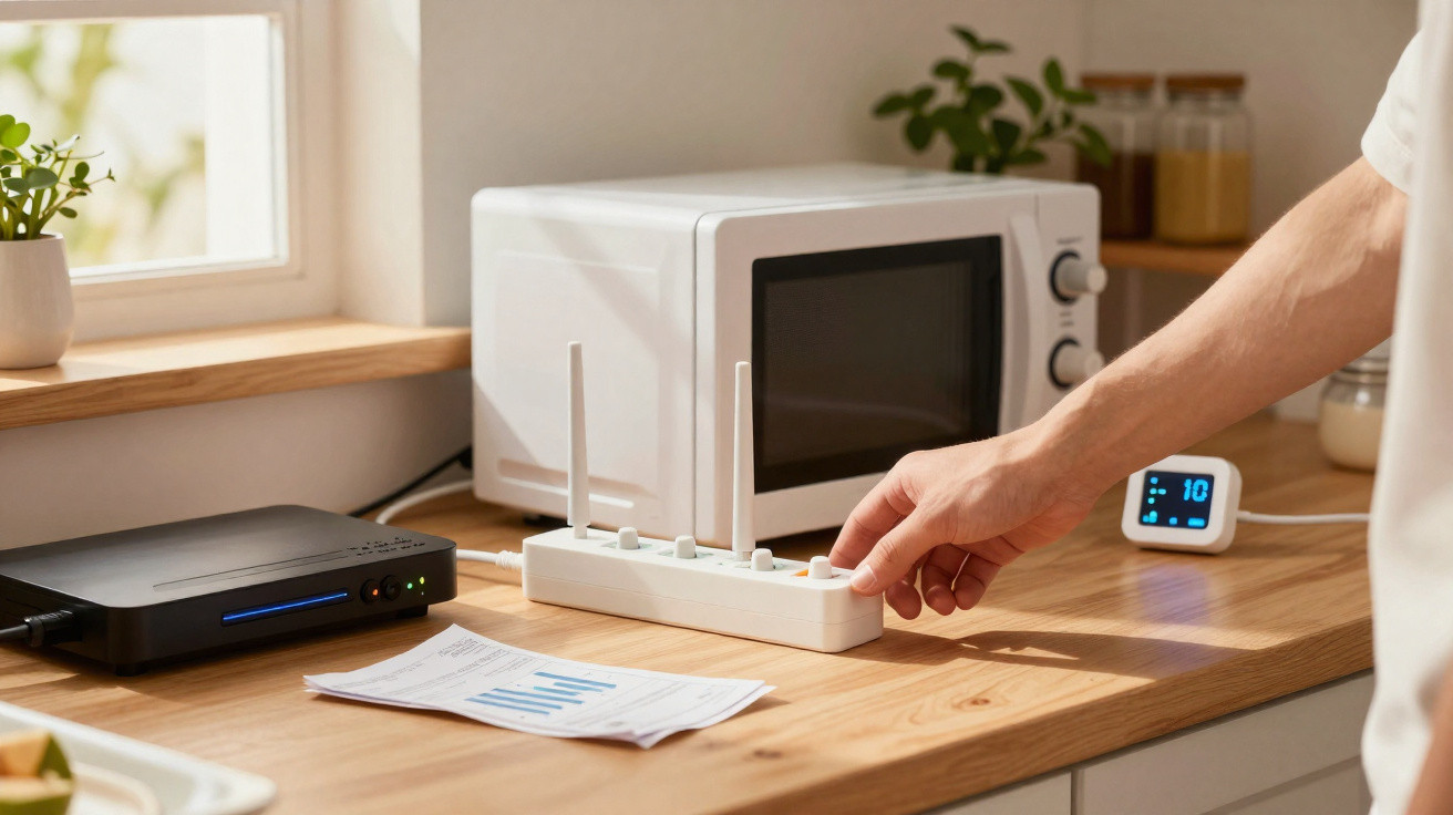 Pessoa a ligar régua de tomadas numa cozinha com micro-ondas, router e termóstato digital na bancada de madeira.