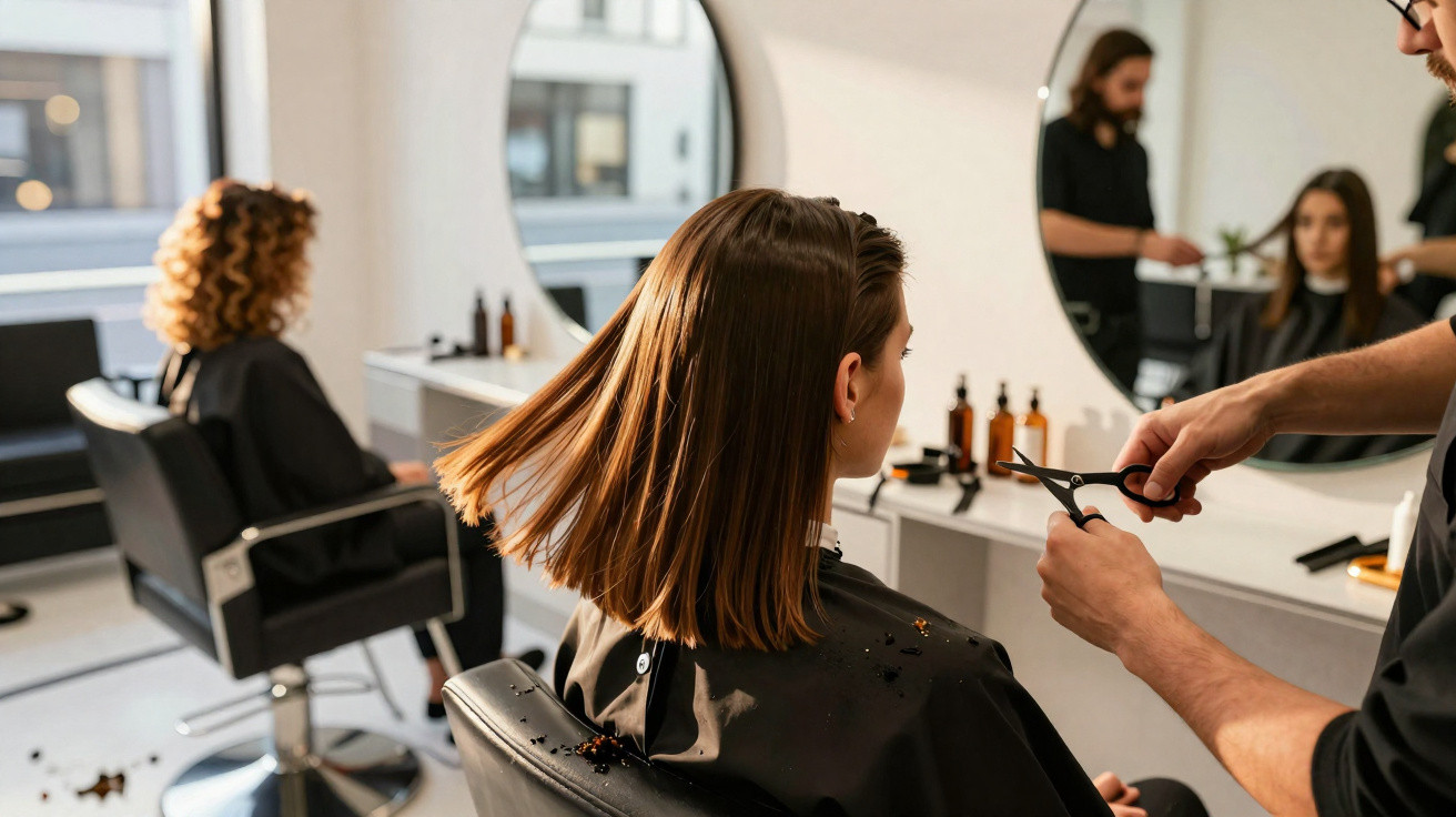 Cabeleireiro a cortar cabelo de mulher num salão moderno com espelhos redondos e produtos na bancada.