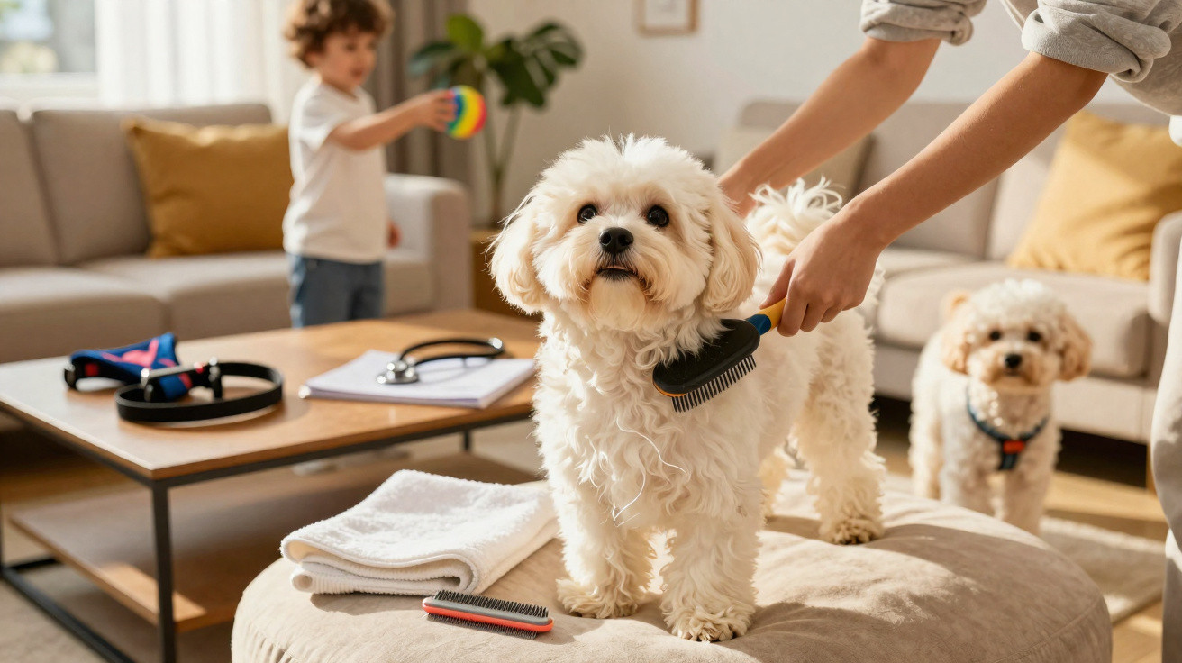 Cão pequeno branco a ser escovado em casa, com outra criança a brincar ao fundo na sala.