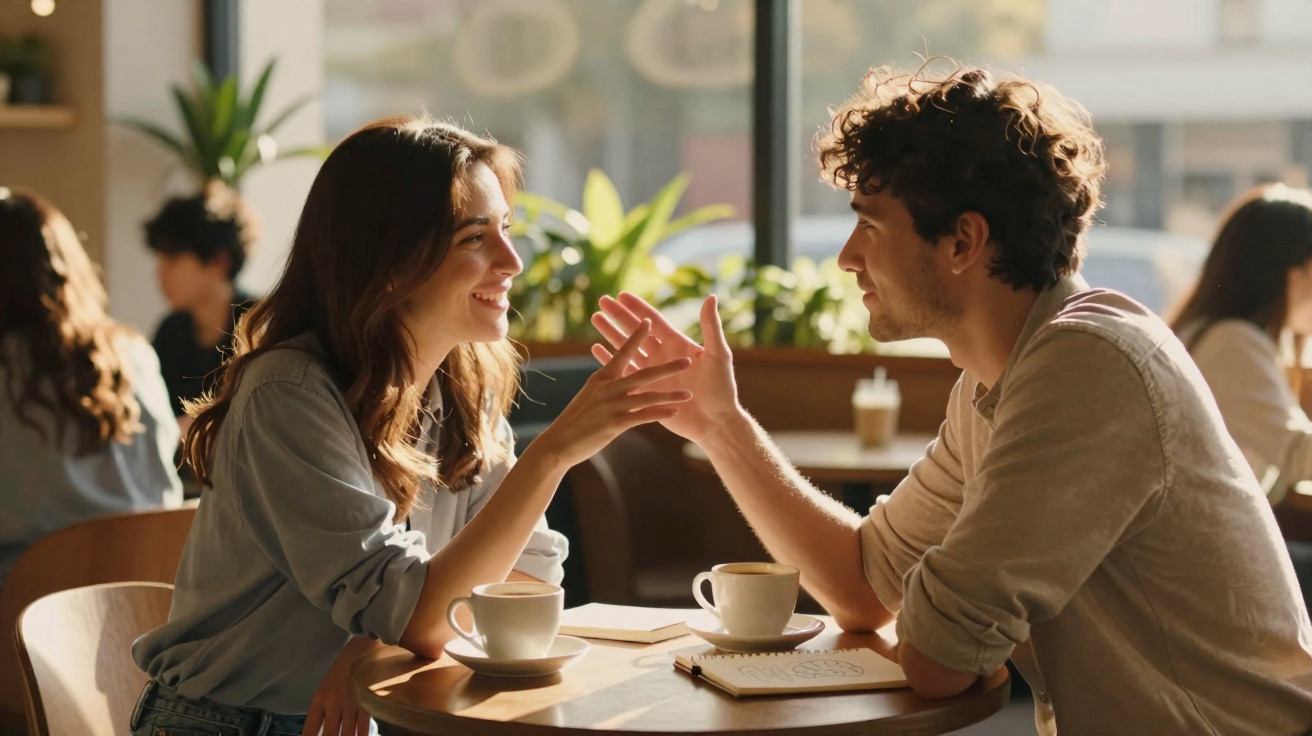 Casal jovem sentado numa mesa de café, sorrindo e conversando enquanto tomam café.