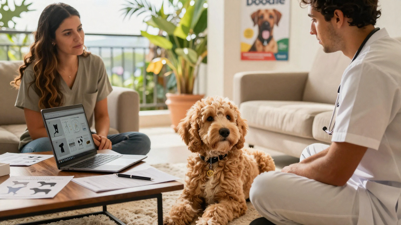 Mulher e veterinário em consulta com cão de raça poodle cachimbo numa sala iluminada.
