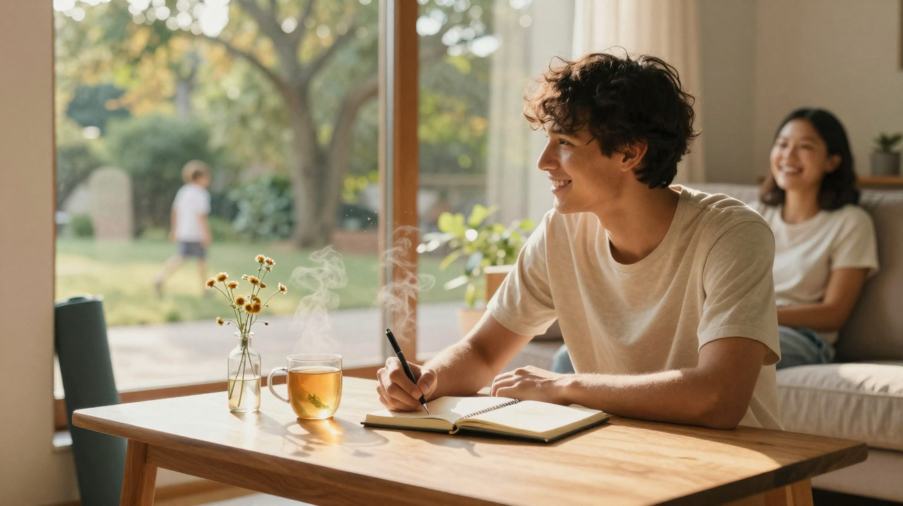 Jovem a escrever num caderno à mesa com chá quente, mulher sorridente no sofá e criança a brincar ao fundo.