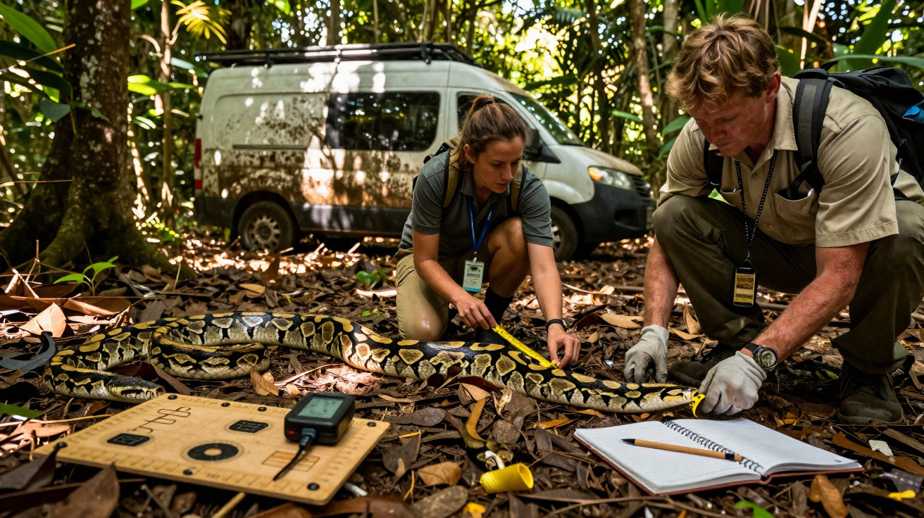 Dois biólogos medem uma grande píton amarela e preta na floresta, com equipamento científico e carrinha ao fundo.