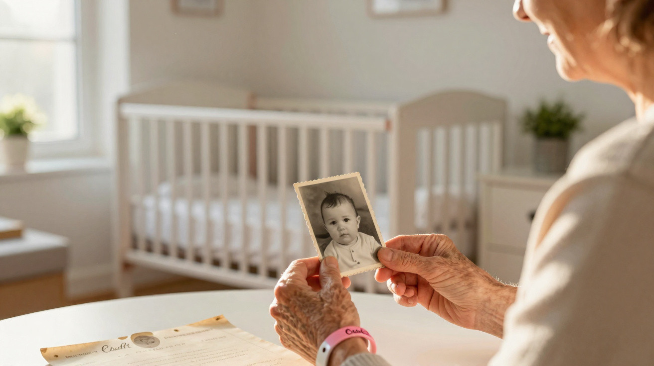 Pessoa idosa a olhar uma fotografia antiga de bebé numa divisão com berço e luz natural.