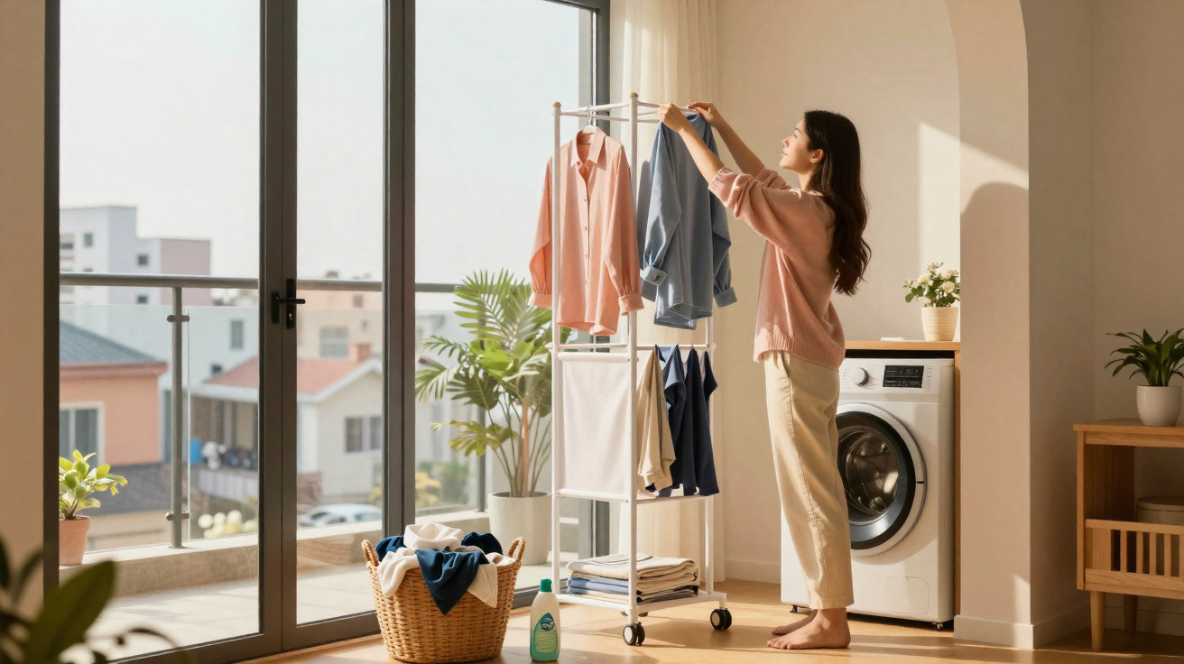 Mulher pendura roupas num estendal interior junto a máquina de lavar e cesto de roupa suja na luz natural.