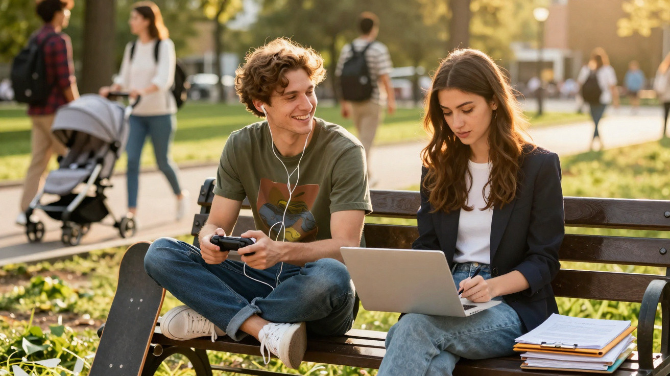 Dois jovens sentados num banco do parque, um com comando de videojogo e outra com portátil e cadernos.