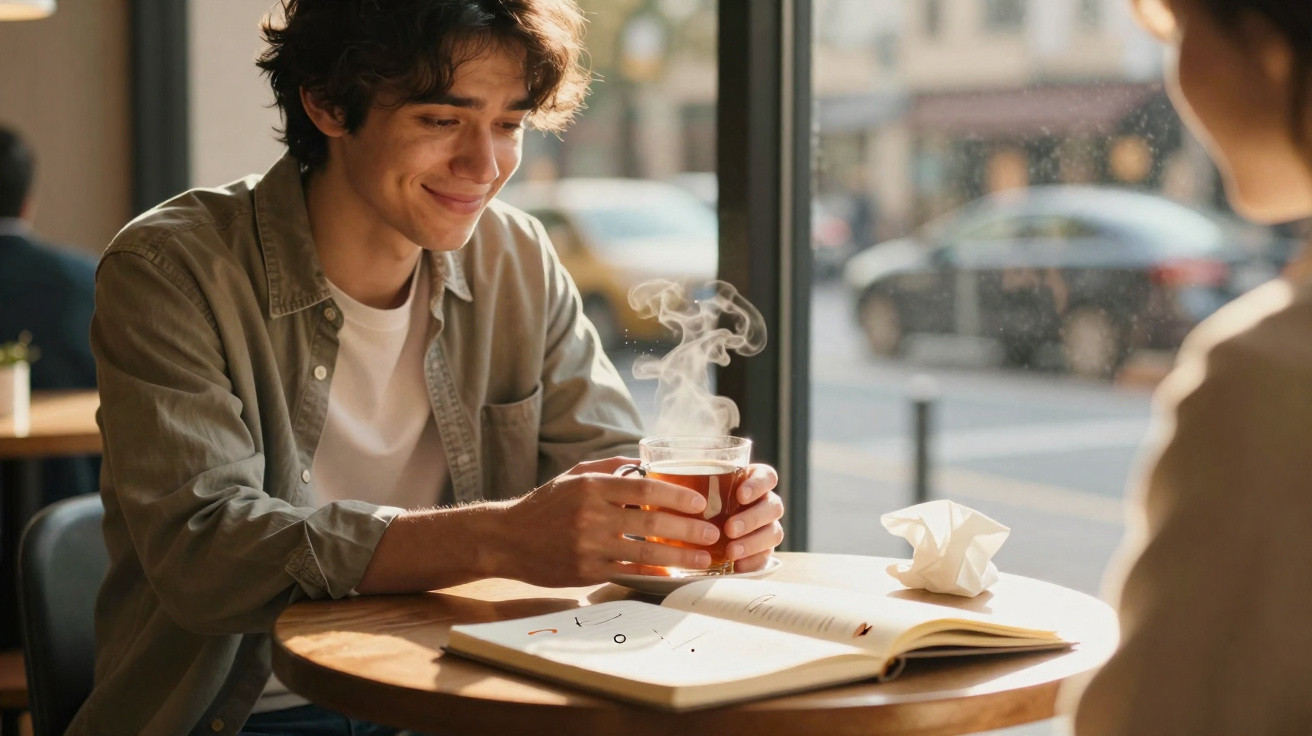 Jovem sorridente segurando chá quente enquanto lê livro numa mesa junto à janela de um café.