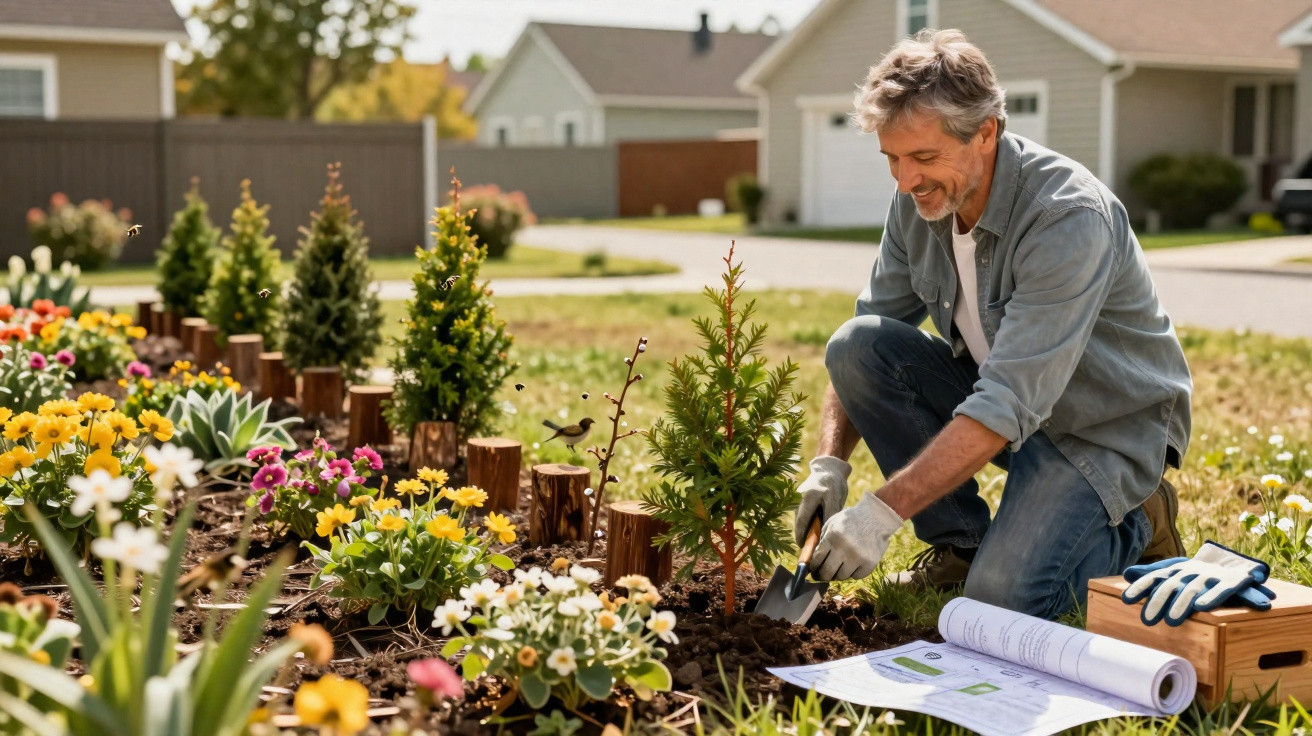 Homem a sorrir enquanto planta uma árvore num jardim florido junto a uma casa residencial.