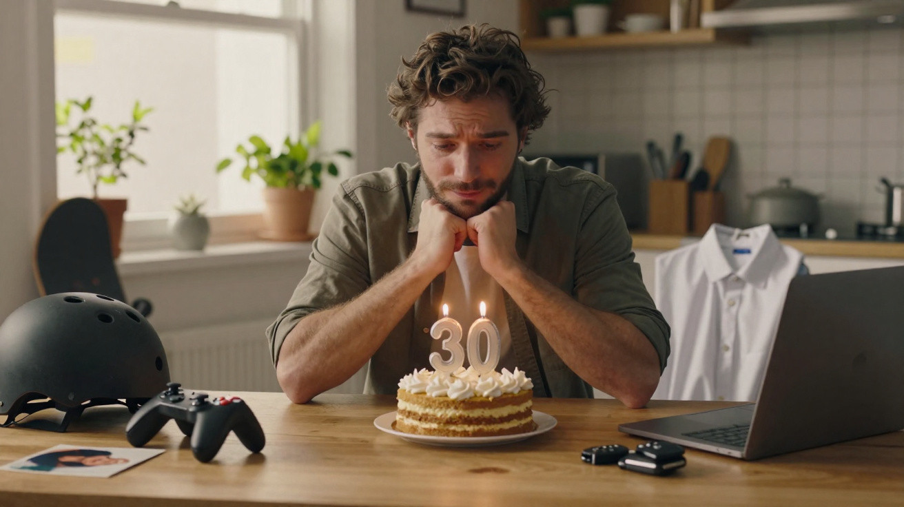Homem triste a olhar para bolo de aniversário com velas dos 30 anos numa mesa com computador e comandos.