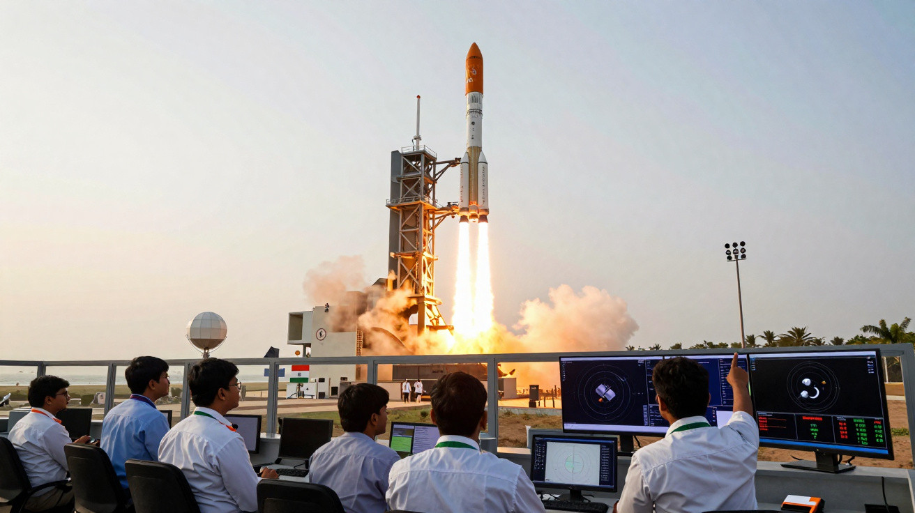 Equipa de controlo observa lançamento de foguetão em centro espacial ao entardecer.