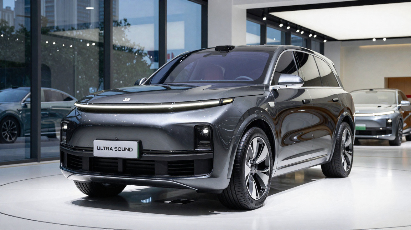 Automóvel SUV eléctrico cinza estacionado em showroom moderno com grandes janelas de vidro.