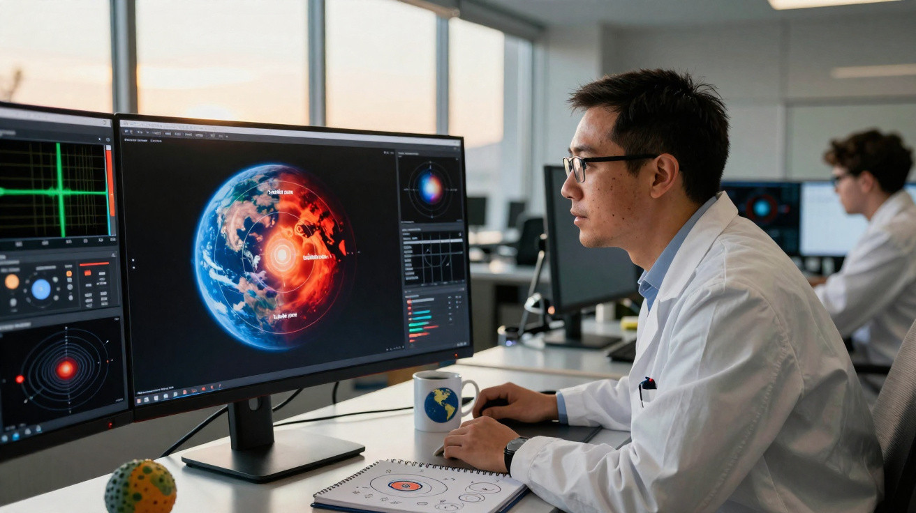 Cientista a analisar dados de um planeta na tela do computador num laboratório moderno.