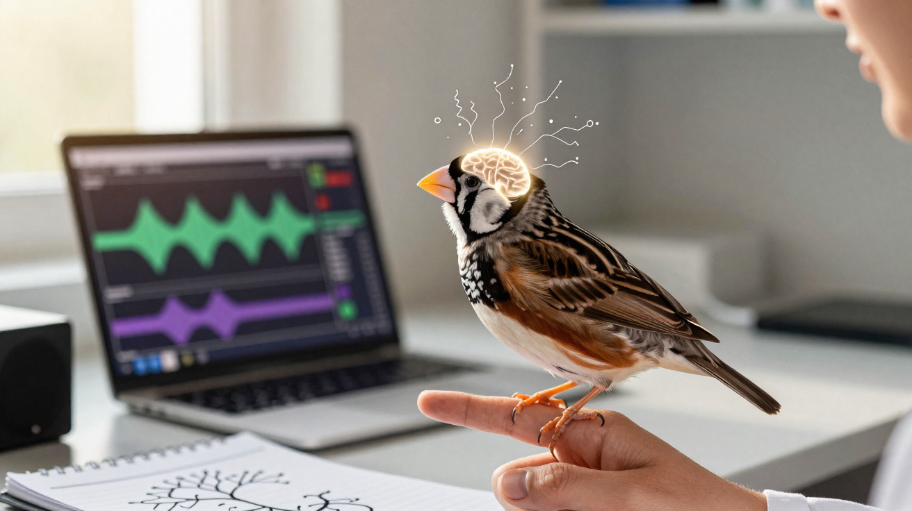Pássaro numa mão com ilustração de cérebro brilhante na cabeça, junto a computador com gráficos e caderno.