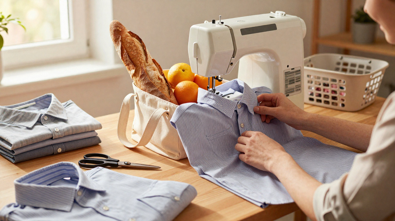 Pessoa a coser uma camisa azul clara numa máquina de costura numa mesa com roupas e sacola com pão e frutas.