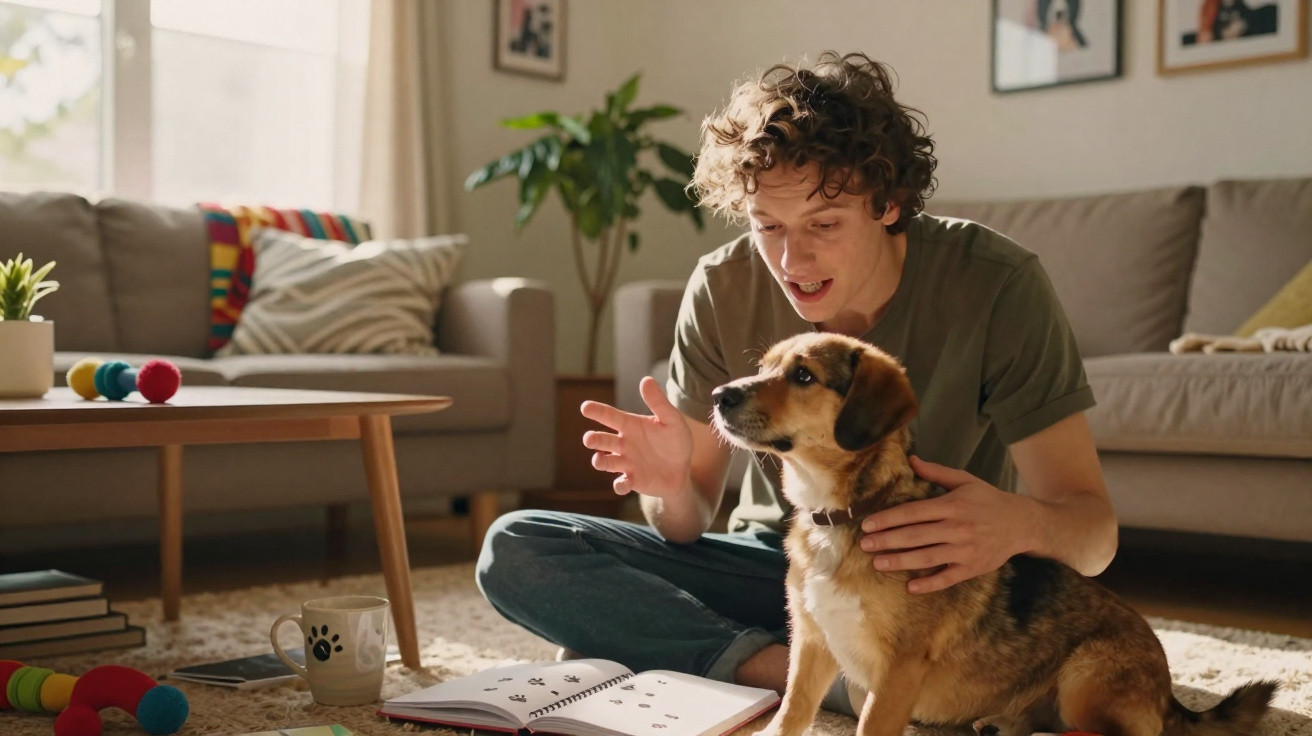 Jovem sentado no chão com um cão e a ensinar comandos num ambiente doméstico acolhedor.