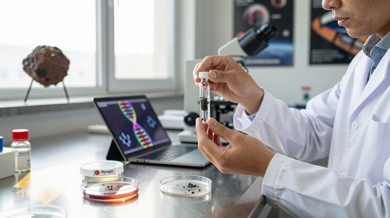 Cientista em laboratório a segurar tubo de ensaio com sementes, com computador e microscópio ao fundo.