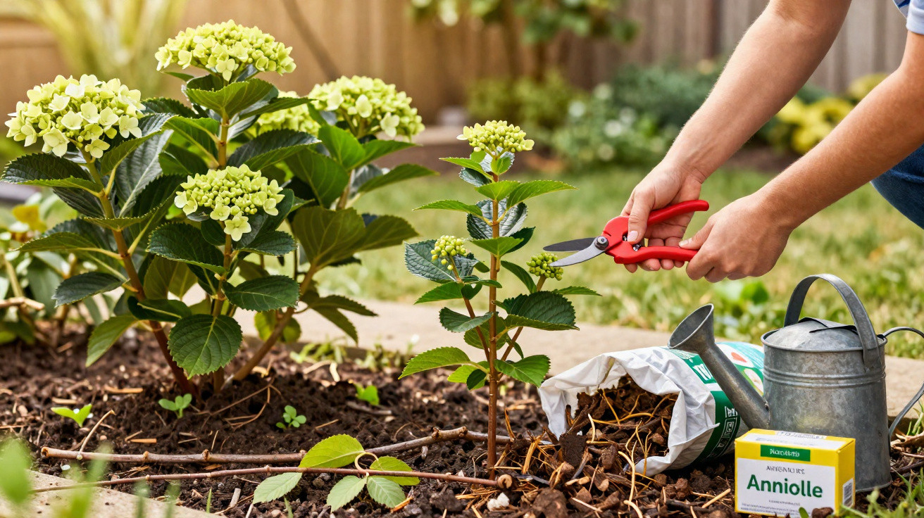 Pessoa a podar hortênsias num jardim, com regador, prensa e embalagem de fertilizante ao lado.