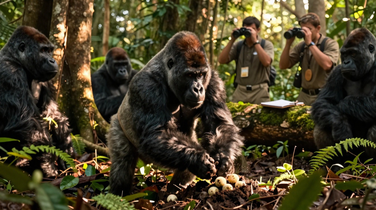 Gorilas na floresta com dois investigadores a observar e fotografar a cena com binóculos.
