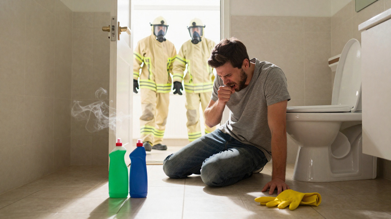 Homem ajoelhado com náuseas num WC com luvas e produtos de limpeza, bombeiros entram com equipamento de proteção.