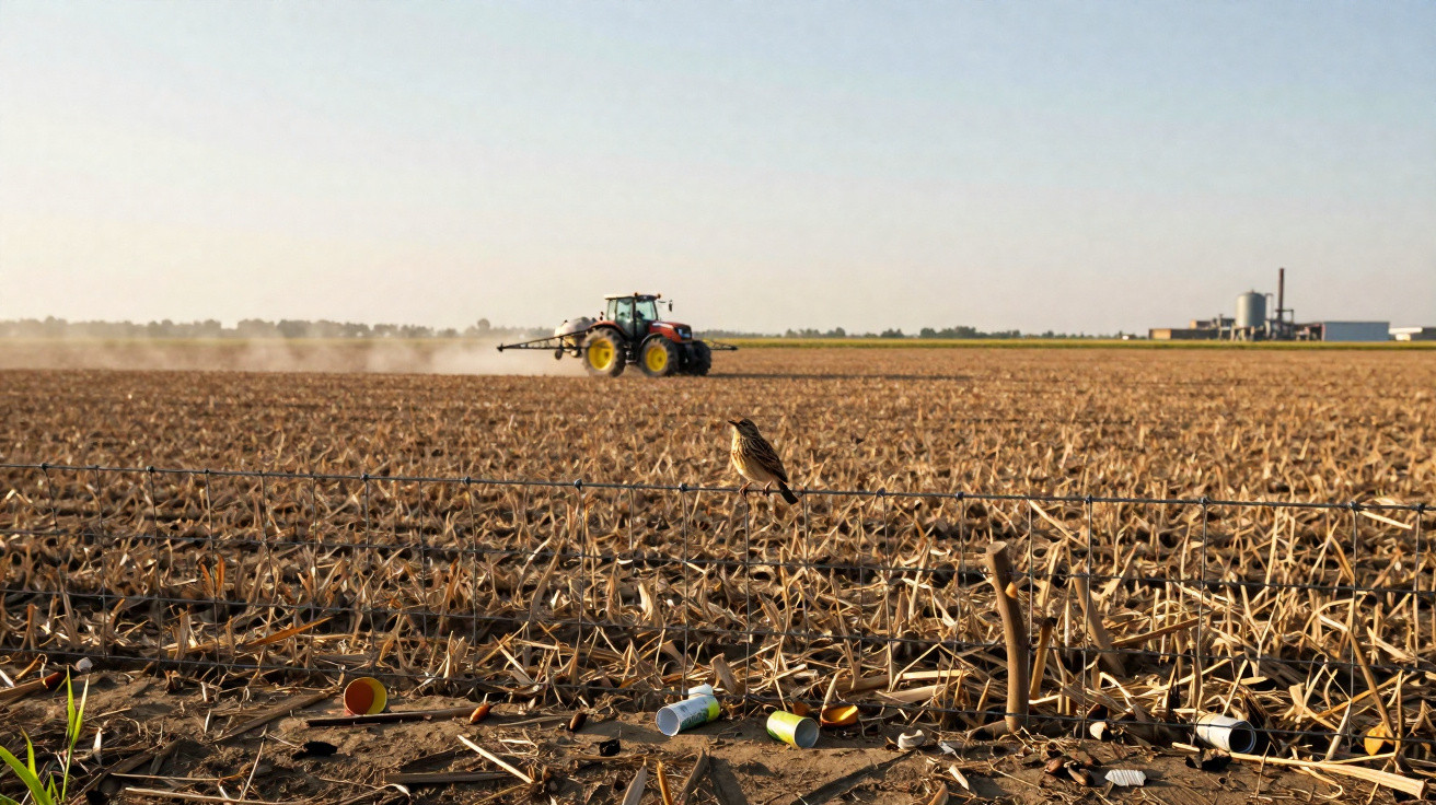 Campo agrícola seco com um pássaro na cerca e um trator ao fundo pulverizando o solo ao entardecer.