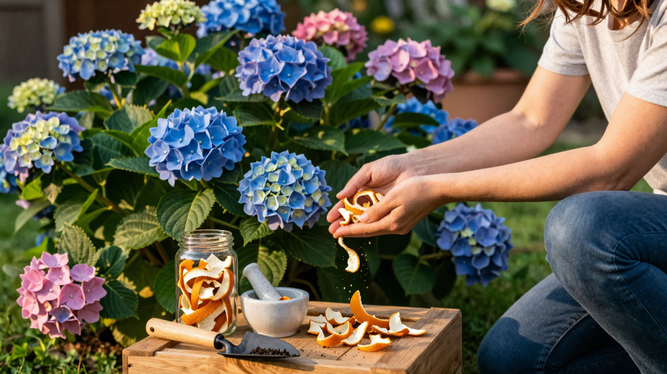 Pessoa a espremer cascas de laranja junto a jarro, pilão e flores de hortênsia azuis e cor-de-rosa.