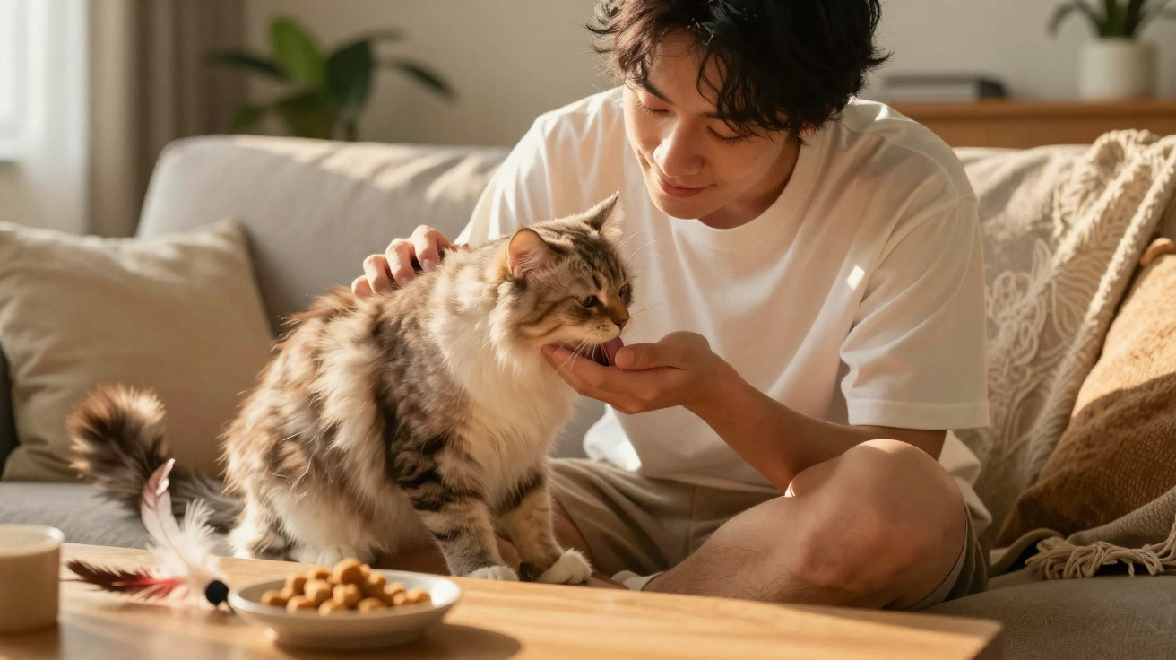 Homem a alimentar e acariciar gato sentado no sofá numa sala com luz natural.