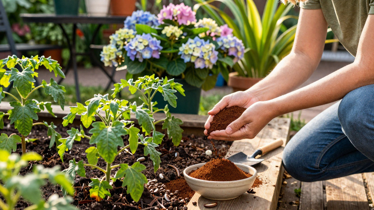 Pessoa a fertilizar plantas jovens numa horta com composto orgânico, rodeada de flores coloridas em vasos.