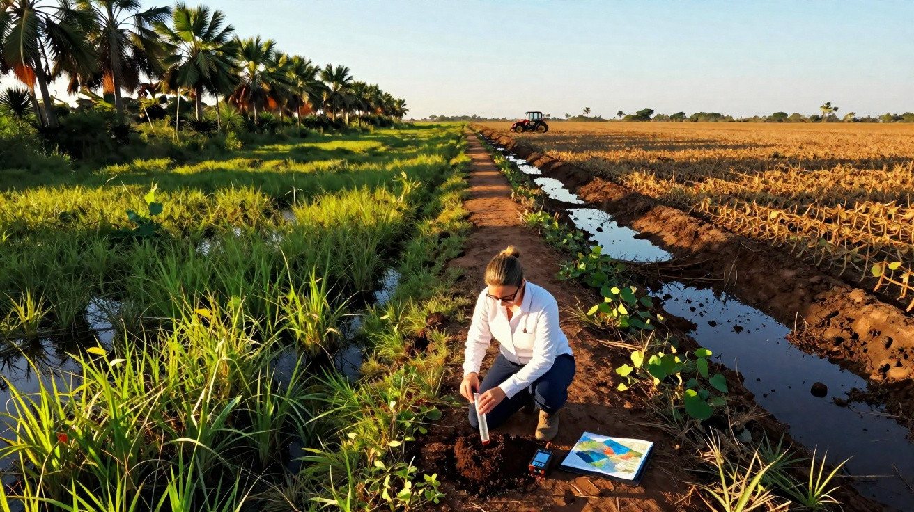 Mulher analisa amostragem de solo num campo agrícola com cultivo e canais de irrigação ao pôr do sol.