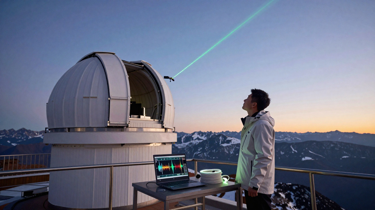 Observatório astronómico com telescópio e cientista a observar feixe laser contra montanhas ao pôr do sol.