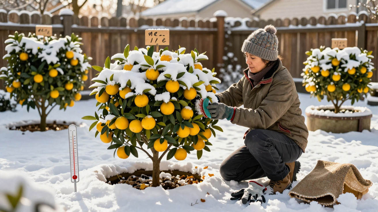 Mulher arruma laranjeira coberta de neve num pomar durante inverno com termómetro na terra.