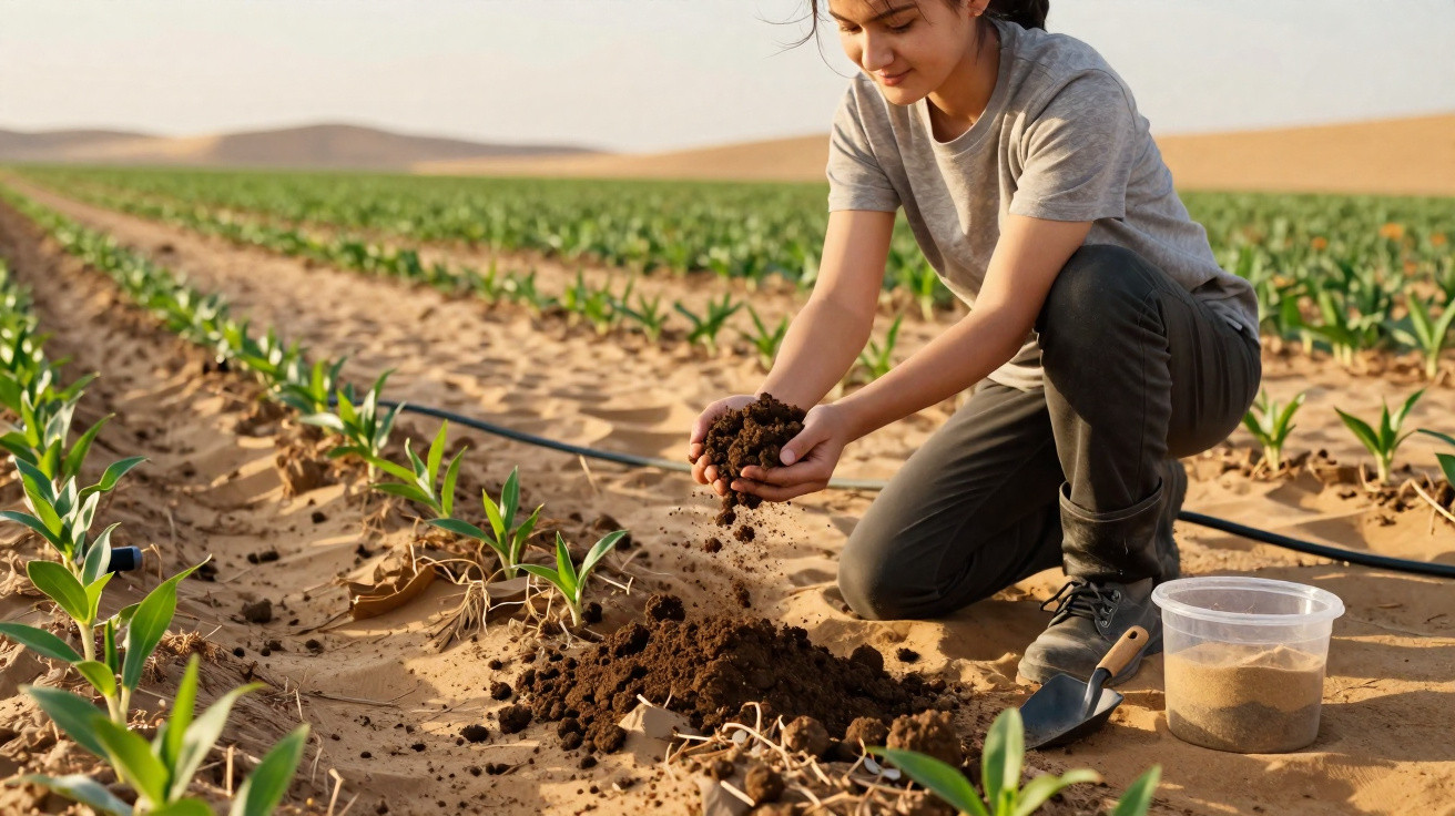 Mulher agachada numa plantação, segurando terra fértil com plantas jovens em fileiras à sua volta.