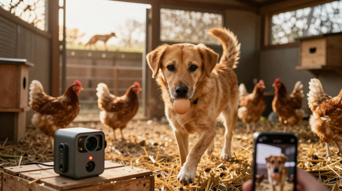 Cão com ovo na boca rodeado por galinhas, captado em foto por telemóvel num galinheiro.
