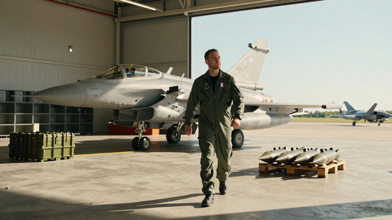 Piloto militar a caminhar numa base aérea com um caça e várias bombas ao lado.