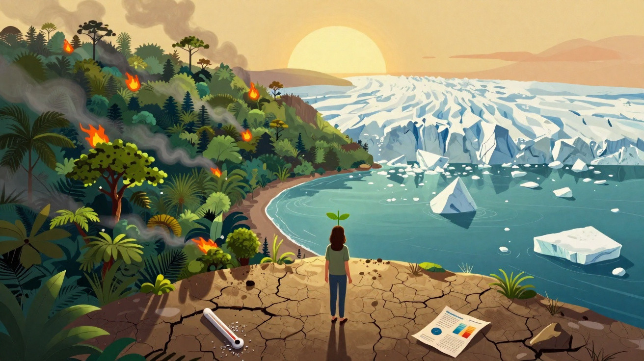 Pessoa observa floresta em chamas e derretimento de geleiras ao pôr do sol, simbolizando crise climática.