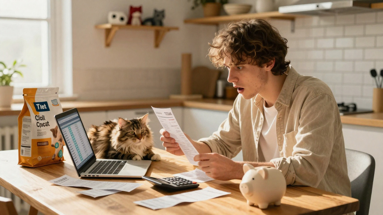 Homem surpreendido a analisar contas à mesa com gato, computador, calculadora e mealheiro.
