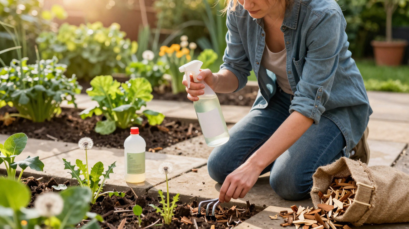 Mulher a cuidar do jardim, usando pulverizador e miniancinho em canteiro com plantas e flores.