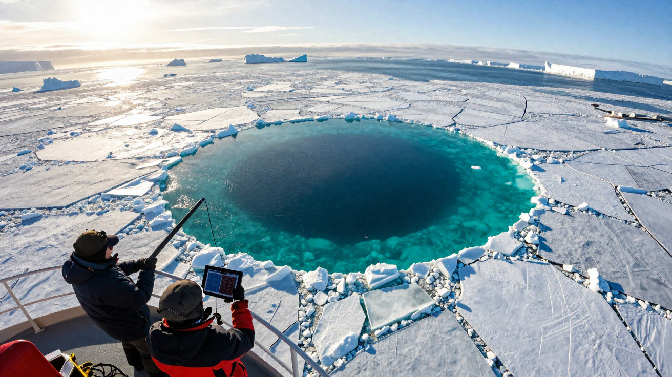 Dois cientistas observam um grande buraco circular no gelo polar com água azul turquesa visível no interior.