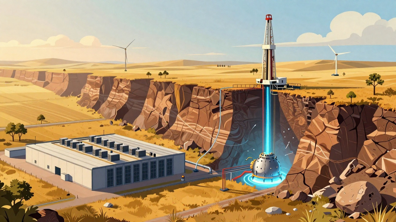 Ilustração de central geotérmica com turbinas eólica e equipamento de perfuração numa paisagem árida.