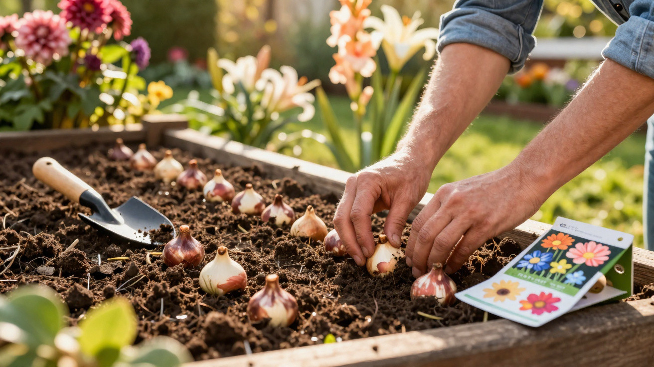 Mãos a plantar bulbos de flores em canteiro de terra com flores coloridas ao fundo.
