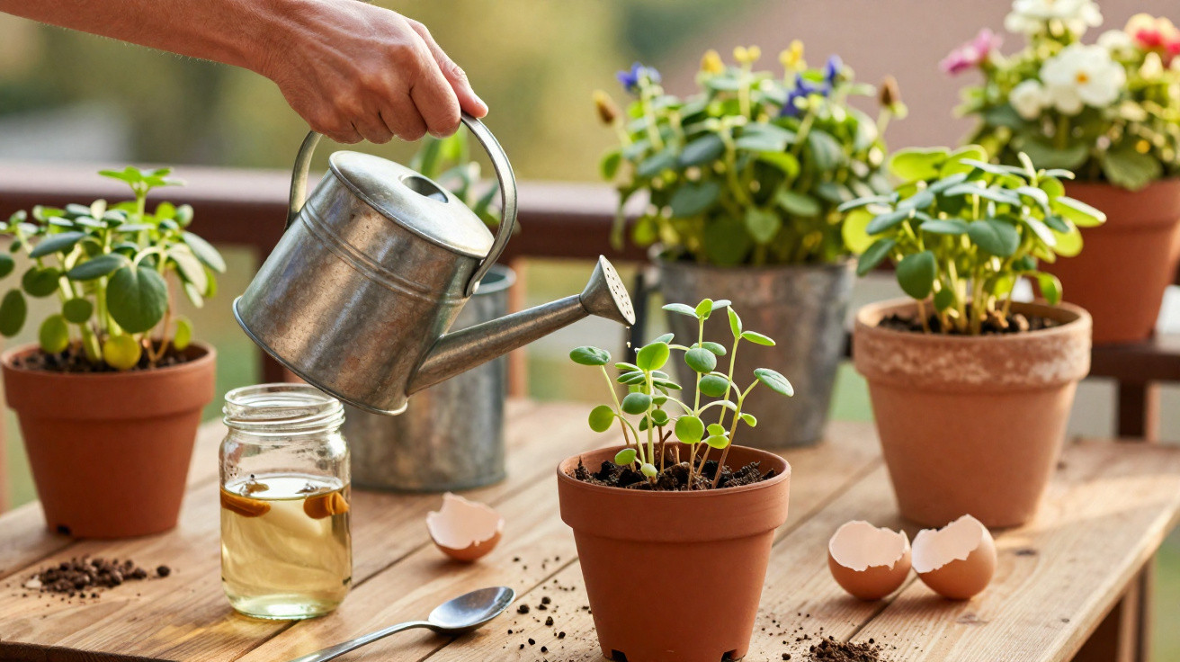 Mão a regar plantas jovens em vasos de barro numa mesa com solo, cascas de ovo e jarro com líquido.