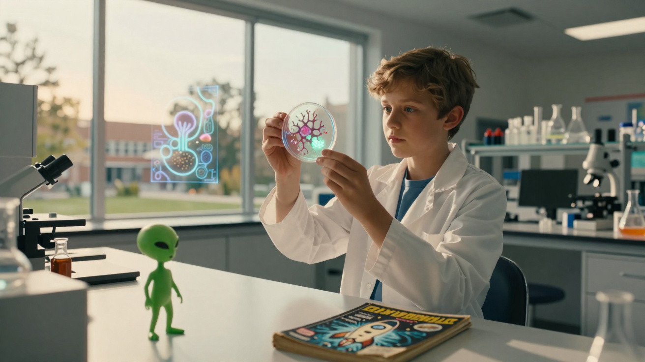 Criança com bata branca observa placa de Petri colorida em laboratório, com figura de alienígena e livro de astronauta.