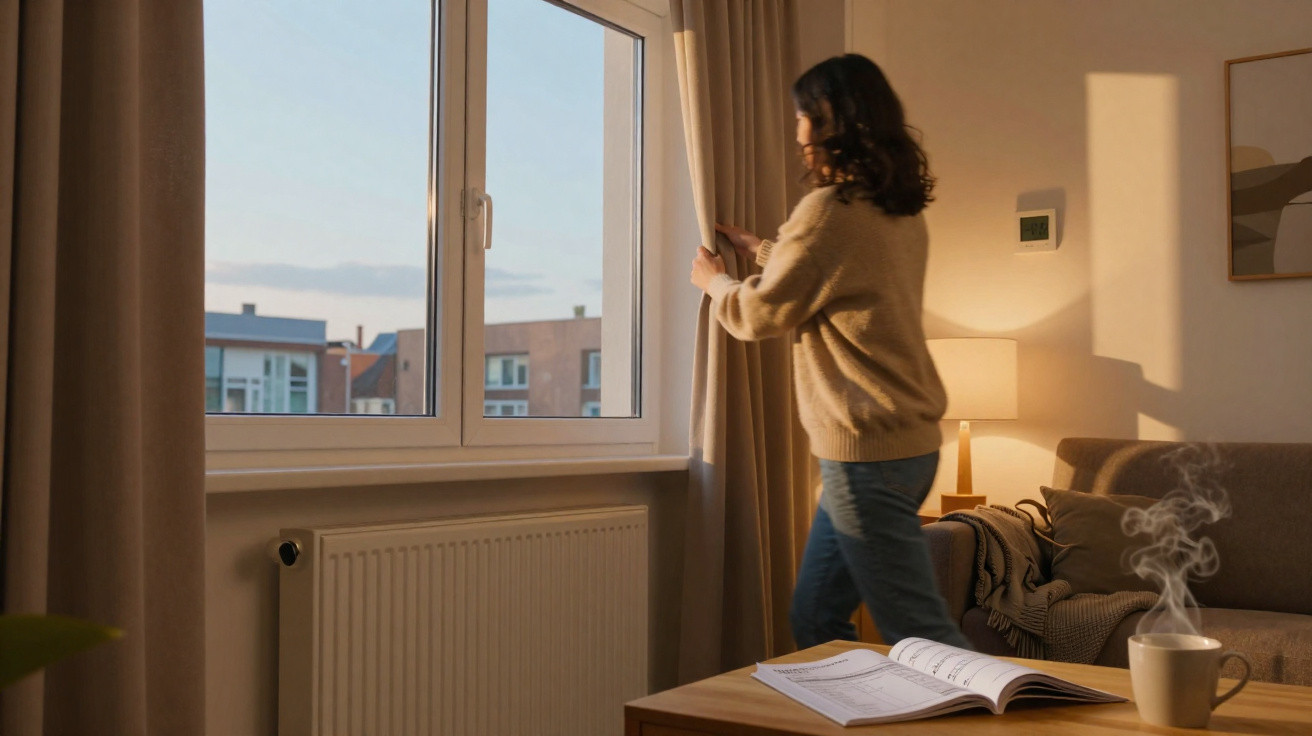 Mulher abre cortinas numa sala acolhedora ao amanhecer com livros e chá quente na mesa.