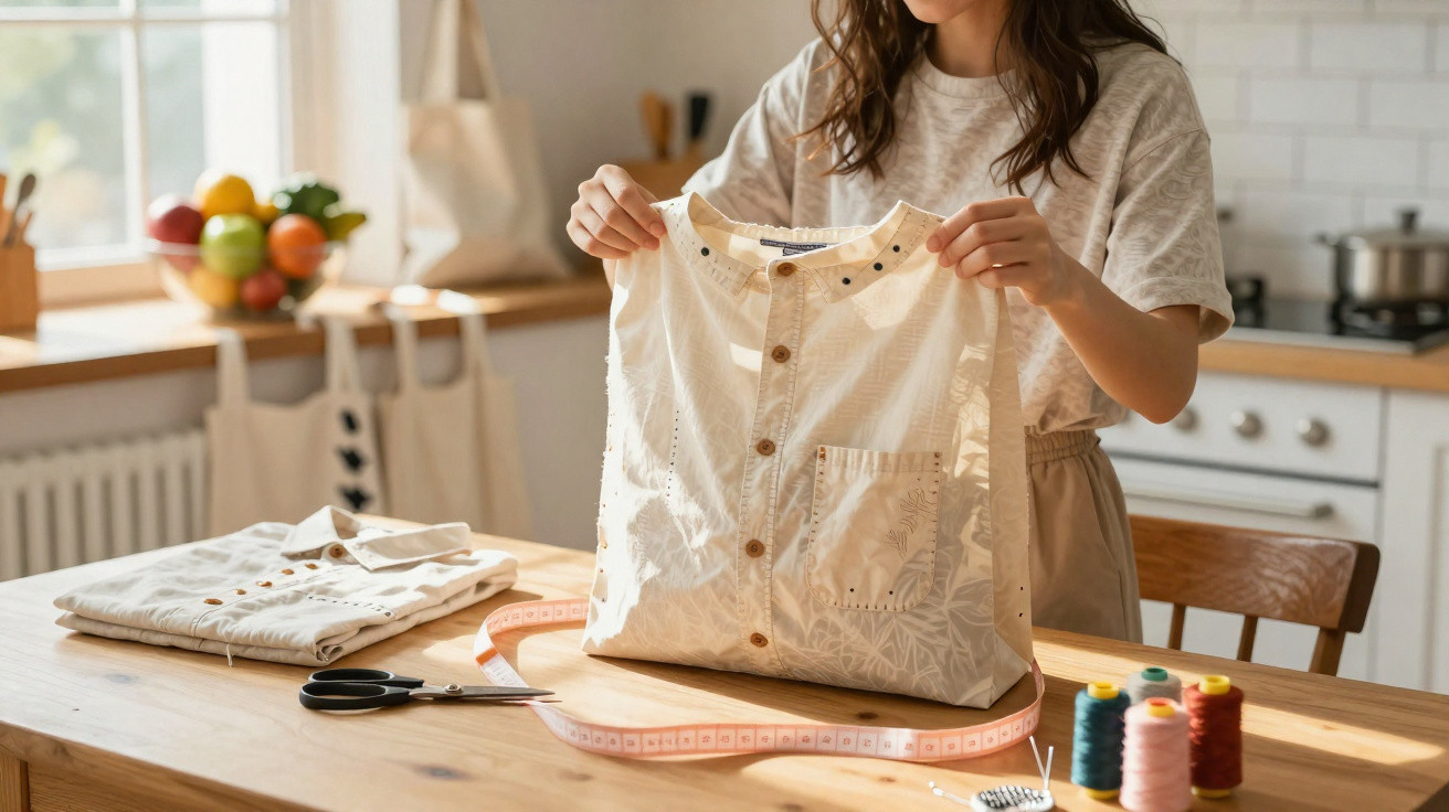 Pessoa a segurar camisa branca em cozinha, com fita métrica, tesoura e novelos de linha na mesa de madeira.