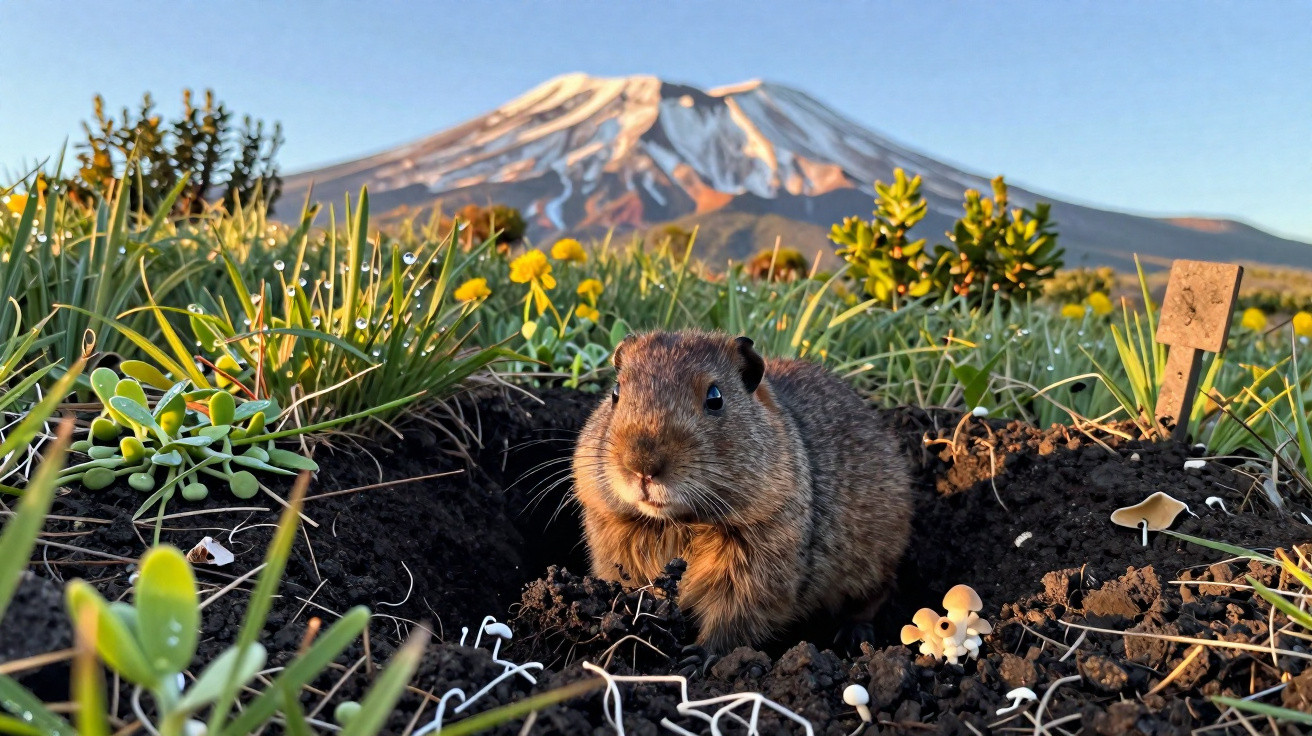 Pequeno roedor aparece junto a uma toca rodeado de plantas e flores com um monte coberto de neve ao fundo.