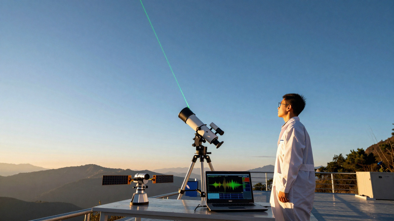 Homem com jaleco branco observa telescópio com laser num terraço ao pôr do sol, com montanhas ao fundo.