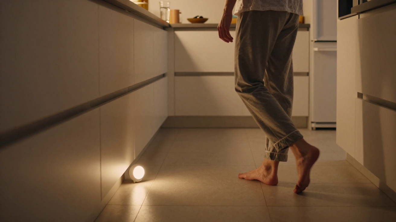 Pessoa descalça a caminhar numa cozinha com iluminação ambiente suave junto ao chão.