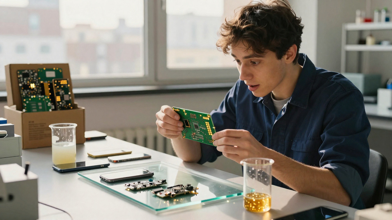 Jovem em ambiente de laboratório a examinar uma placa eletrónica com componentes tecnológicos na mesa.